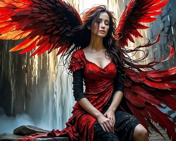 Young Woman in Red Dress with Fiery Wings by Waterfall