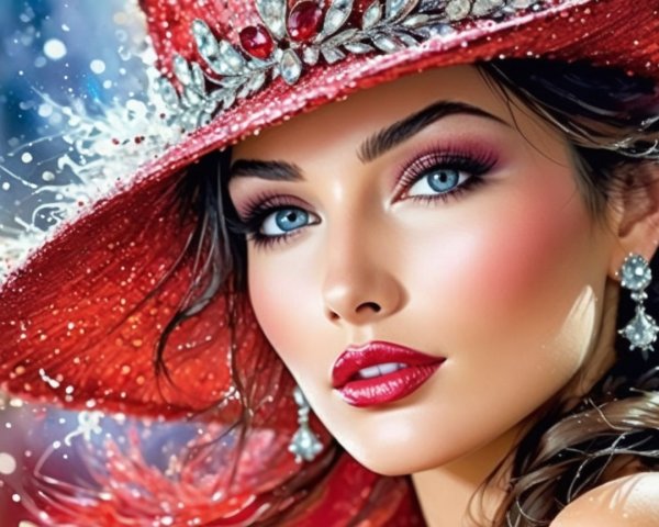 Portrait of a Woman in a Red Hat with Jewels