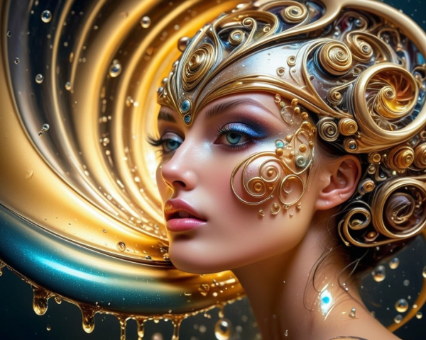 Close-up of a woman's face with golden spiral hair