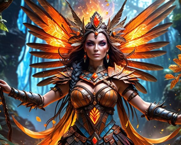 Fierce warrior in jungle with glowing wings and armor