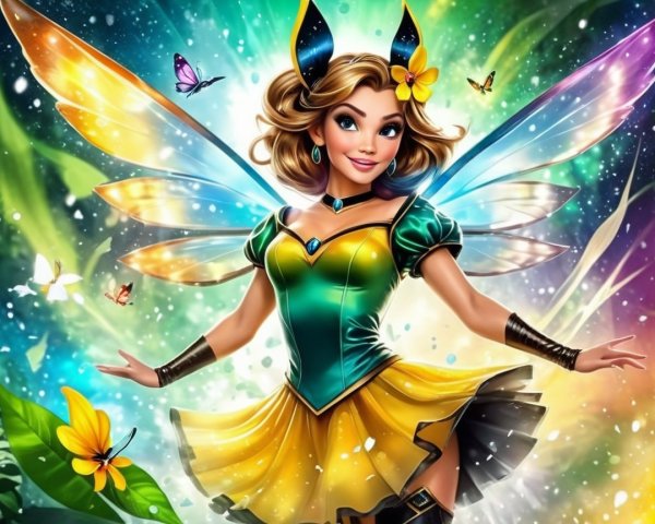 Cheerful fairy with shimmering wings in vibrant nature