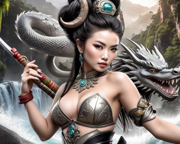 Fierce Warrior Woman in Ornate Armor with Dragon