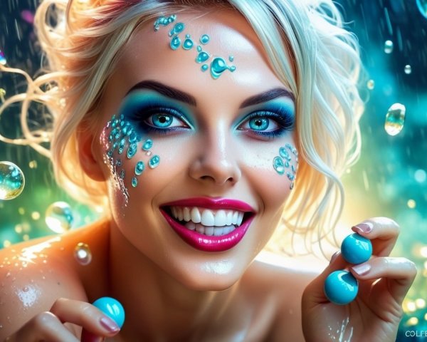 Radiant Woman with Blue Makeup and Colorful Bubbles