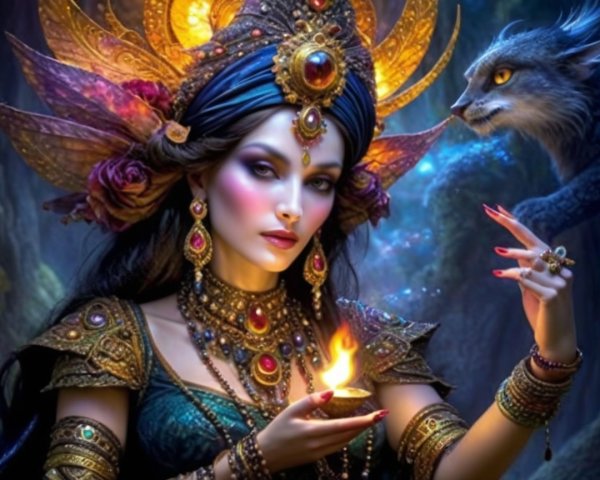 Mystical woman with jewelry and glowing oil lamp in forest
