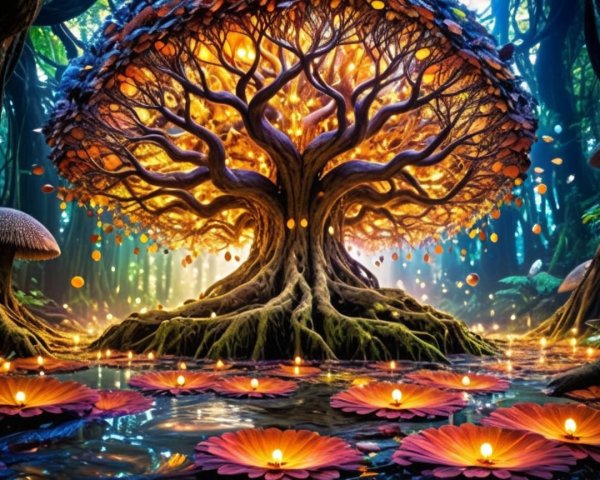 Majestic Tree with Vibrant Leaves in Enchanted Forest