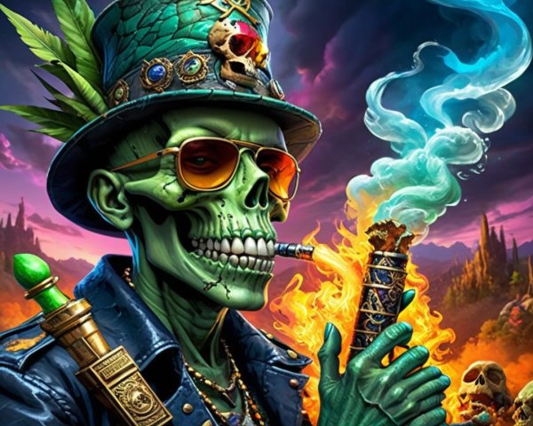 Vibrant green skeleton in stylish attire with smoke