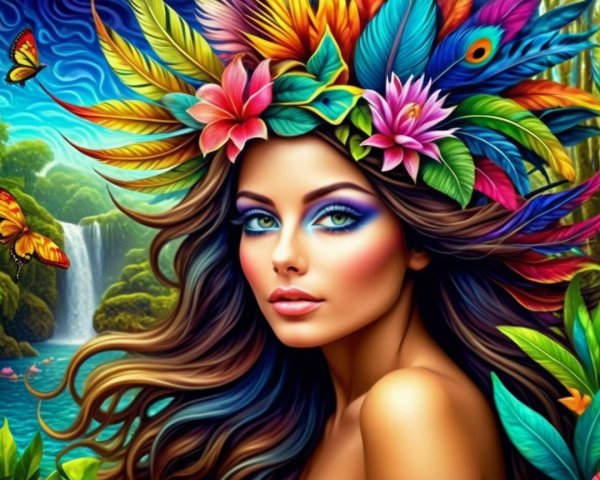 Surreal Artwork of Woman with Flowers and Waterfalls