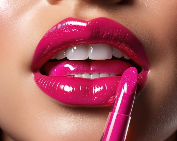 Close-up of Glossy Hot Pink Lips with Lipstick