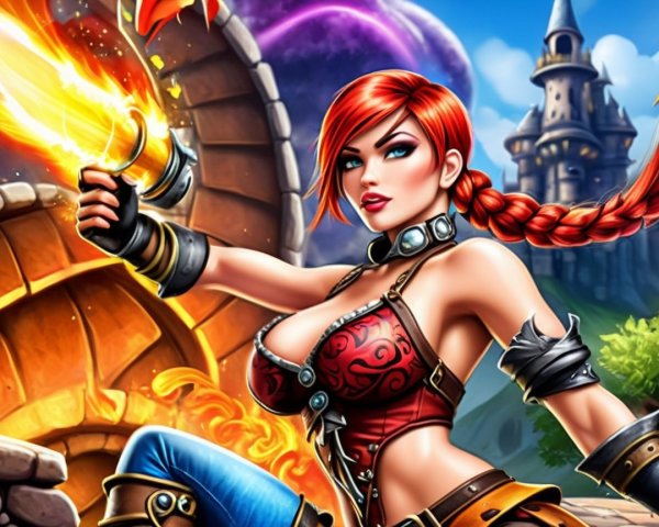 Fierce Female Warrior with Flaming Sword in Fantasy Scene