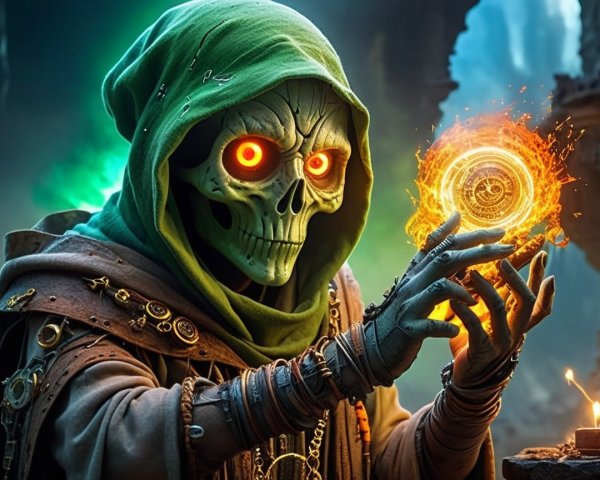 Mysterious figure with glowing eyes in ancient landscape
