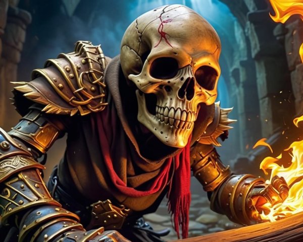 Skeleton Warrior in Ornate Armor with Flame