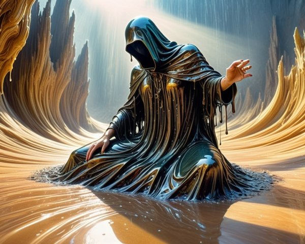 Mysterious Figure in Cloak in Surreal Landscape