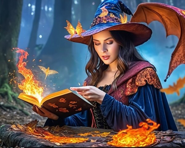 Young Woman in Witch Outfit Reading in Enchanted Forest