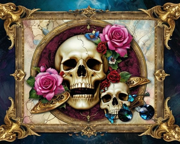 Ornate Frame with Skulls and Vibrant Roses Design