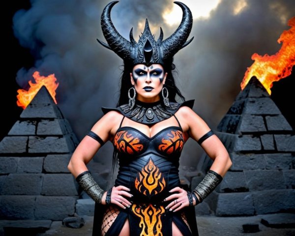 Fierce figure before pyramids with smoke and flames