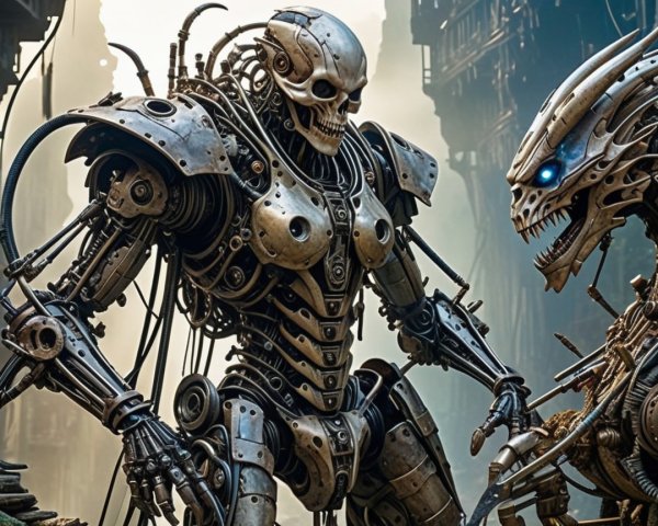 Futuristic humanoid robot in dystopian landscape