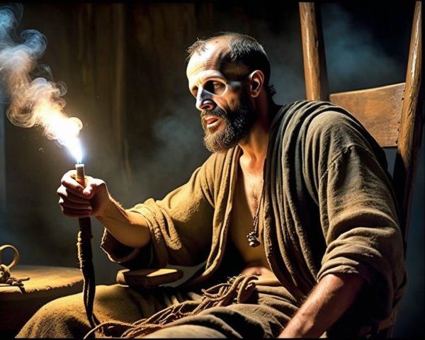 Man in dim room with torch and mysterious atmosphere