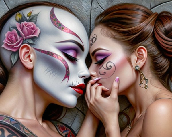 Close-Up of Two Women with Artistic Makeup Designs