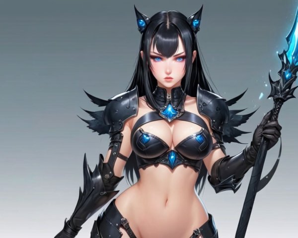 Female Character in Dark Armor with Blue Gemstones