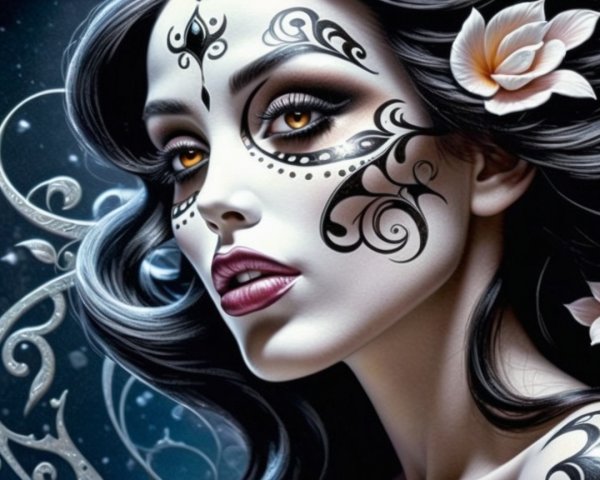 Woman with Sugar Skull Face Paint and Floral Hair