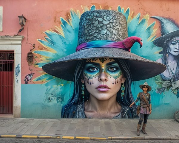 Vibrant Mural of Woman with Hat and Parrot on Pink Wall