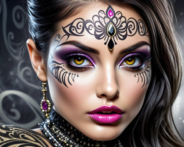 Portrait of a woman with intricate face makeup and jewelry