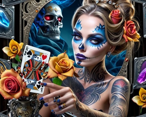 Woman with Blue Face Paint and Day of the Dead Theme