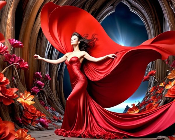 Elegant figure in red gown amid vibrant fantasy setting