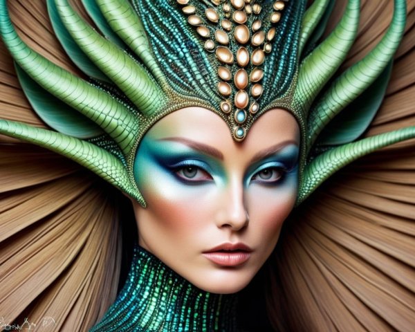 Model with Sea Life-Inspired Green and Blue Makeup