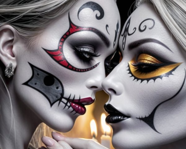 Elaborate Makeup on Two Women in Candlelight Setting