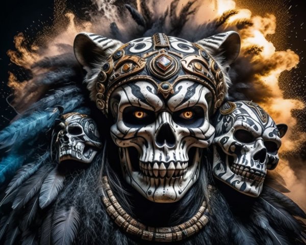 Ornate skull mask with glowing eyes and feathers