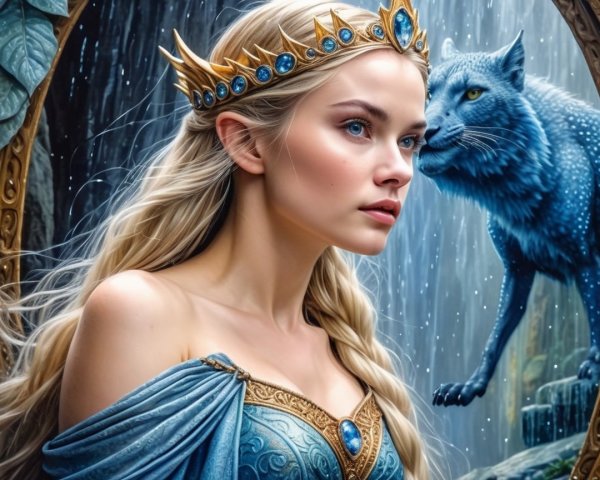 Regal figure with crown and mystical blue wolf scene