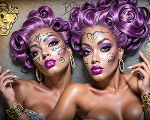 Identical Models with Purple Hairstyles and Bold Makeup