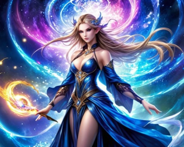 Majestic Woman in Elegant Blue and Gold Gown