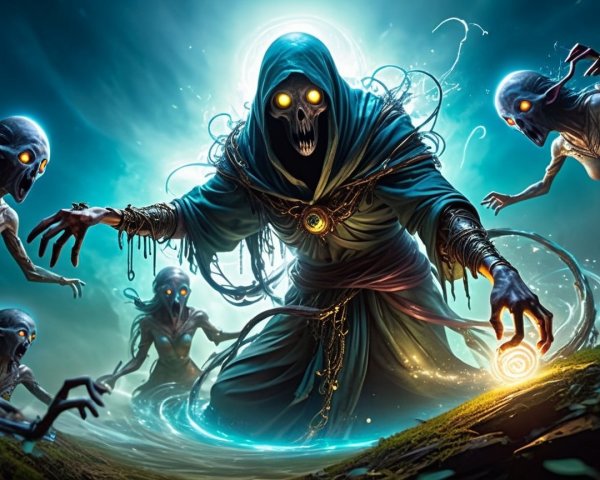 Cloaked Figure Surrounded by Eerie Ghostly Beings