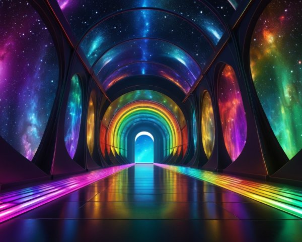 Vibrant Cosmic Corridor with Colorful Walls and Stars