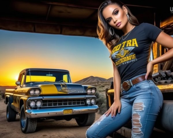 Confident Woman by Vintage Pickup Truck at Sunset