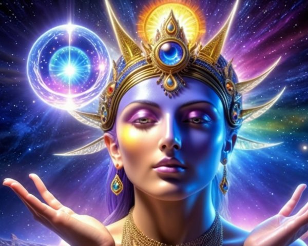 Ethereal Figure with Crown in Cosmic Background