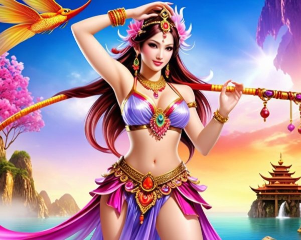 Fantasy Scene of a Woman Dancing in a Dreamy Landscape
