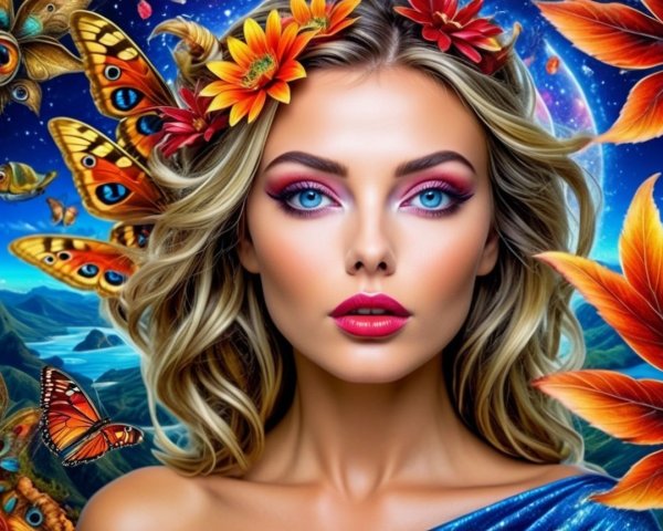 Portrait of a Woman with Flowers and Surreal Landscape