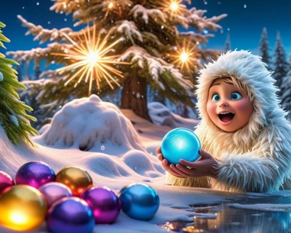 Cartoon Yeti with Ornament in Winter Forest Scene