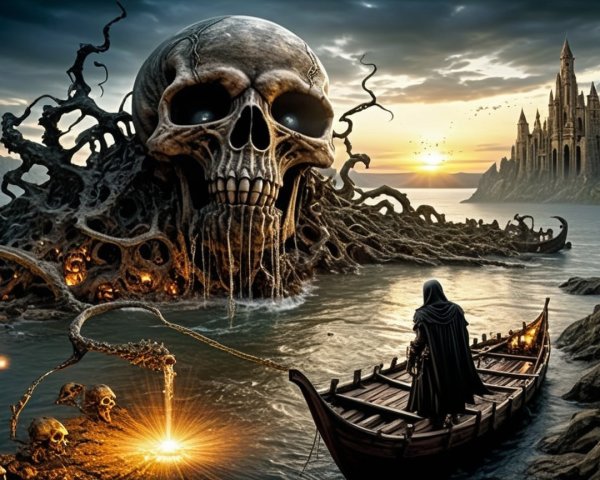 Dark Landscape with Skull and Eerie Castle Silhouette
