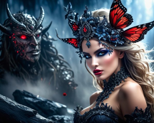 Mystical Forest Scene with Elegant Woman and Shadowy Figure