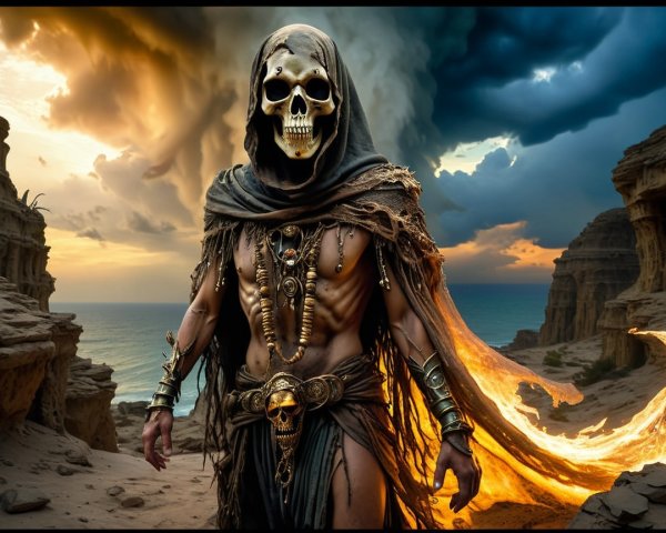 Muscular Figure in Dark Robes on Cliffs at Sunset