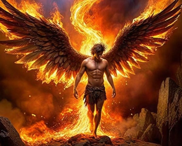 Majestic Winged Figure in Fiery Background