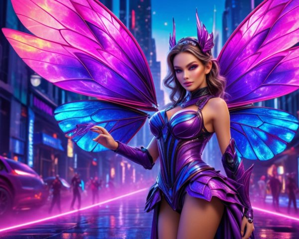Fantasy Scene with Female Figure and Neon Cityscape