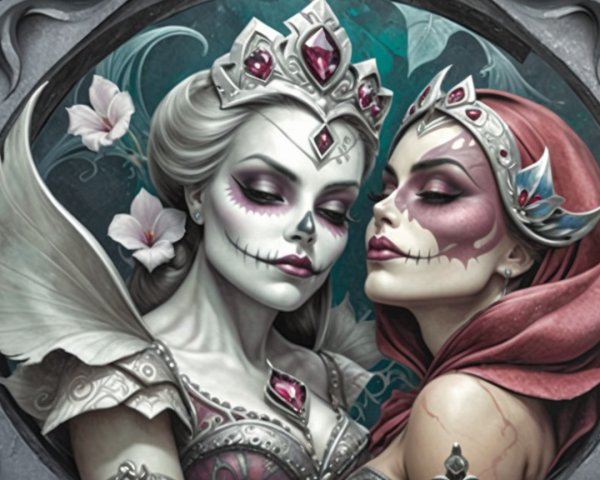 Ethereal Figures with Skull Motif and Regal Attire