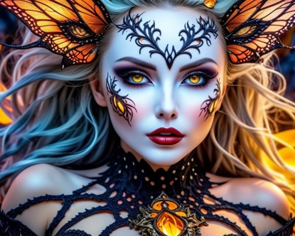 Fantasy figure with butterfly-themed makeup and wings