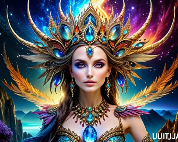 Fantasy figure with jeweled crown and celestial attire