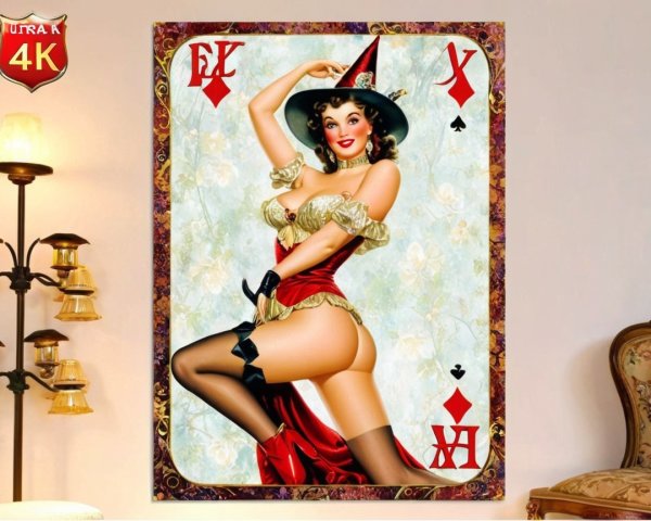 Vintage Pin-Up Witch on Playing Card Background